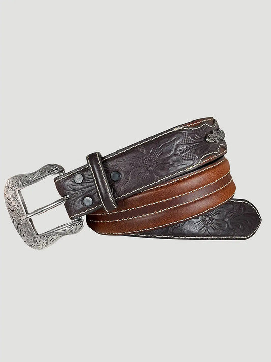Men's Double Stitch Floral Leather Belt in Brown