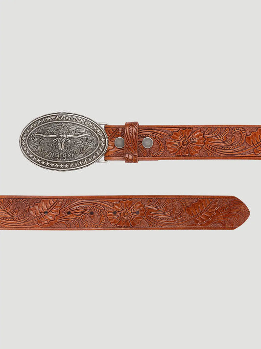 Men's Trophy Buckle Embossed Belt in Cognac