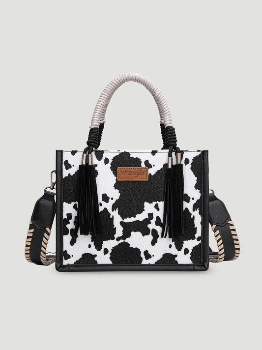 Cow Print Fringe Mini Tote:Black:One Size: