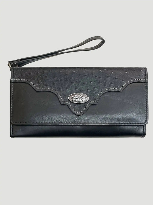 Ostrich and Concho Logo Wristlet:Black:One Size