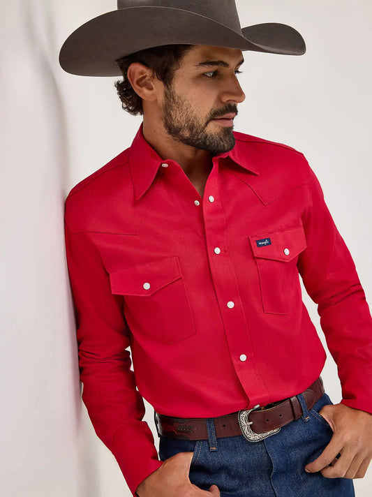Cowboy Cut® Firm Finish Long Sleeve Western Snap Solid Work Shirt in Red