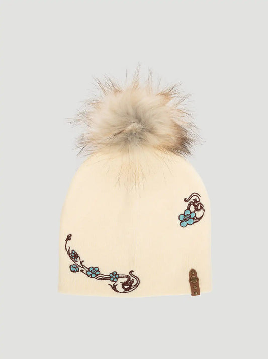 Womens Embroidery Pom Pom Beanie:Cream:One Size: