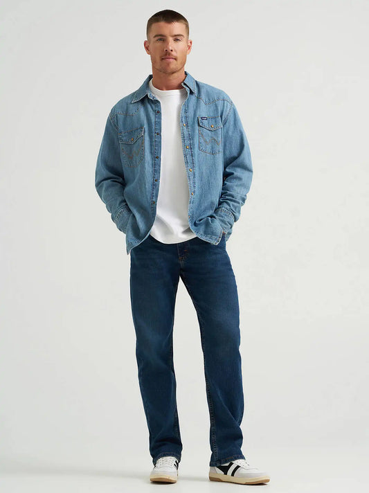 Wrangler® Five Star Premium Denim Comfort Stretch Relaxed Fit Jean in Dark Denim