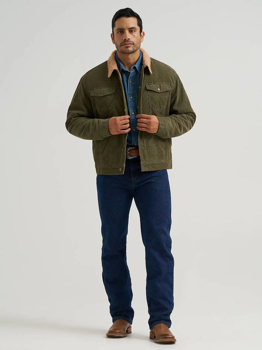 Men's Wrangler® Cowboy Cut® Sherpa Lined Corduroy Jacket in Olive Night
