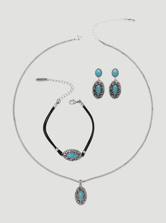 Stone Pendant Necklace Earring Bracelet Set:Turquoise:One Size