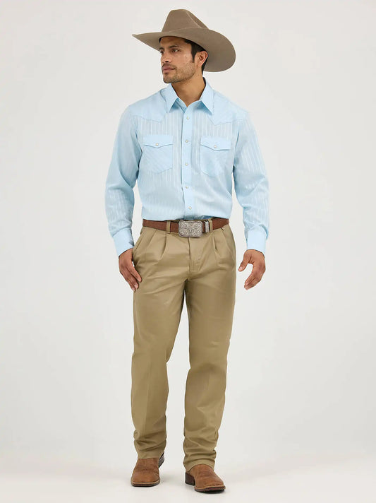 Wrangler® Western Long Sleeve Western Snap Dobby Stripe Shirt in Blue