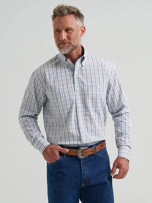 Wrangler® George Strait™ Long Sleeve Button Down Two Pocket Shirt in Steely Blue Check