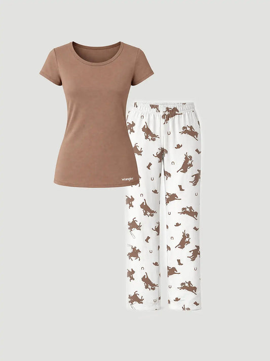 Women's Short Sleeve Pajama Set in White/Brown