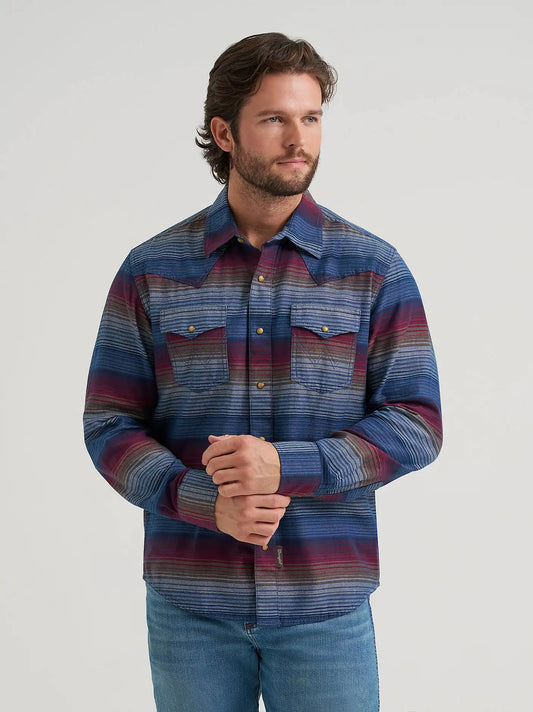 Men's Wrangler Retro® Premium Long Sleeve Western Snap Printed Shirt in Dark Americana