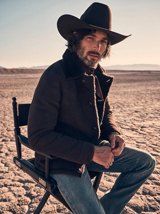 Men's Blue Bell Suede Shearling Range Jacket in Chocolate Torte