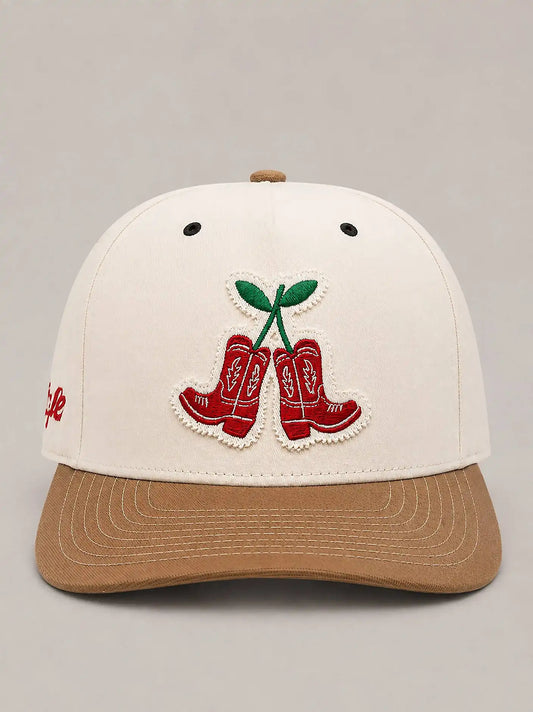 Womens Cherry Boots Trucker Hat:White/Tan:One Size