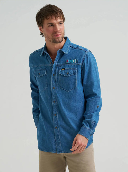 Chaco x Wrangler Denim Performance Shirt in Mid Wash