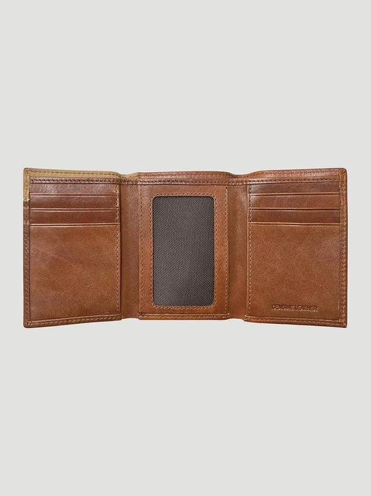 Basketweave Leather Tri Fold Wallet:Brown:One Size