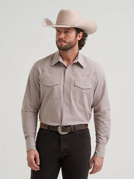 Men's Wrinkle Resist Long Sleeve Western Snap Stripe Shirt in Cinnamon