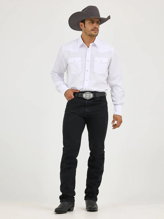 Wrangler® Western Long Sleeve Western Snap Dobby Stripe Shirt in White