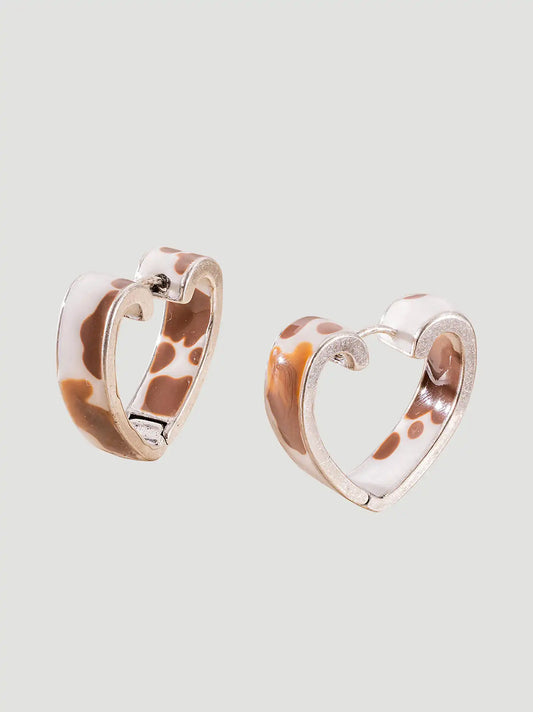 Cow Print Heart Hoop Earrings:Silver/Brown:One Size: