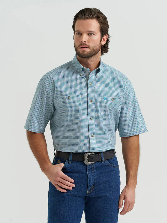 Wrangler® George Strait™ Short Sleeve Two Pocket Button Down Shirt in Electric Teal
