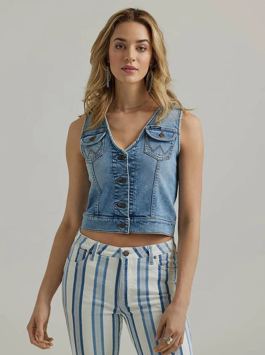 Women's Wrangler Western Denim Vest Shirt in Blue