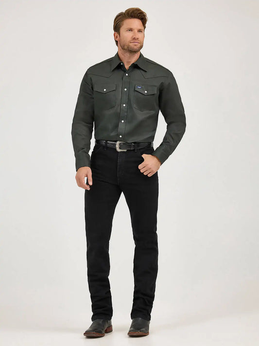 Cowboy Cut® Firm Finish Long Sleeve Western Snap Solid Work Shirt in Black Forest Green
