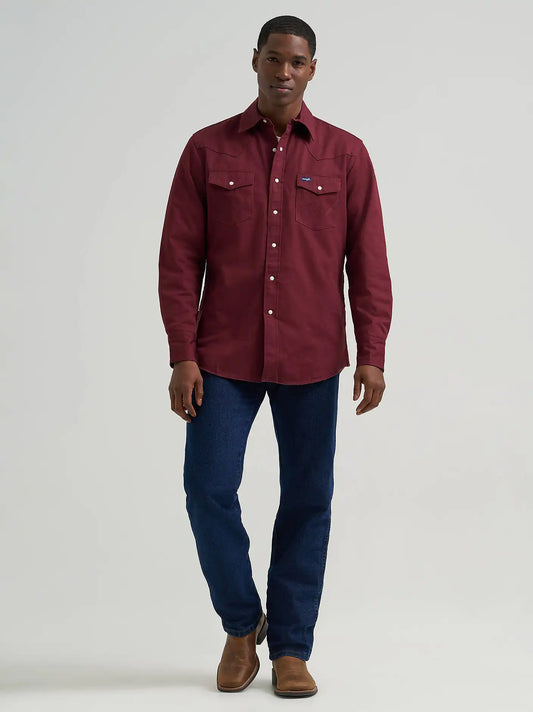 Men's Wrangler® Long Sleeve Flannel Lined Solid Work Shirt in Mulberry Wine