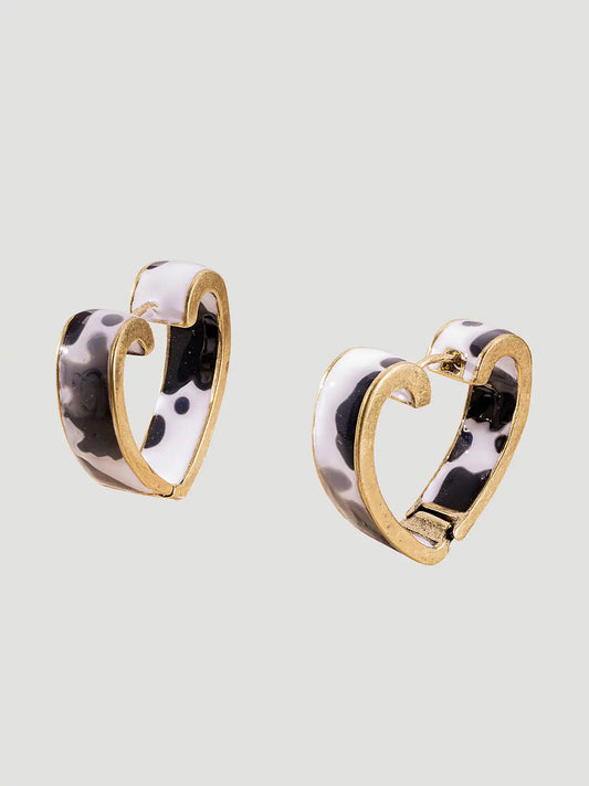 Cow Print Heart Hoop Earrings:Gold/Black:One Size: