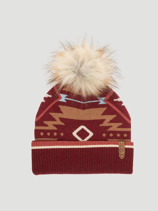 Womens Southwestern Pom Pom Beanie:Burgundy:One Size: