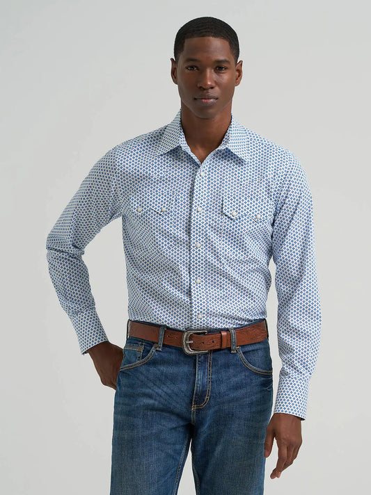 Men's Wrangler Retro® Long Sleeve Sawtooth Snap Pocket Western Shirt in Blue Bee