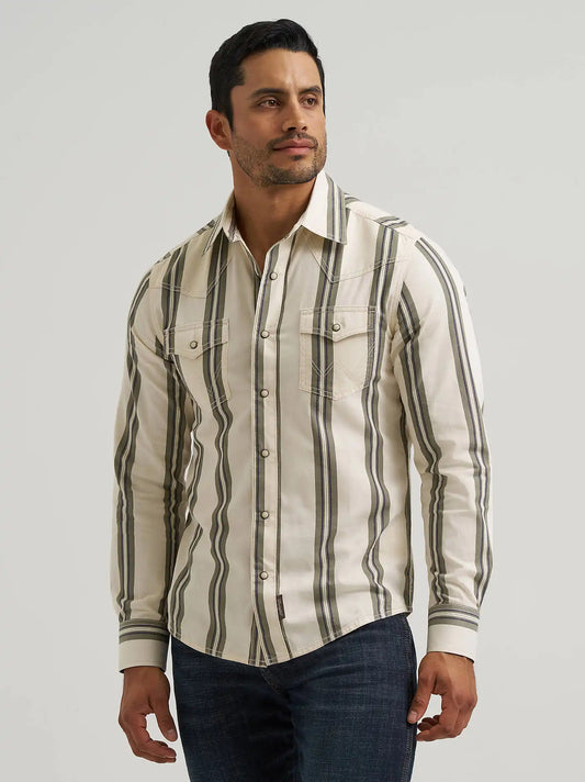 Men's Wrangler Retro® Premium Stripe Western Snap Shirt in Olivine