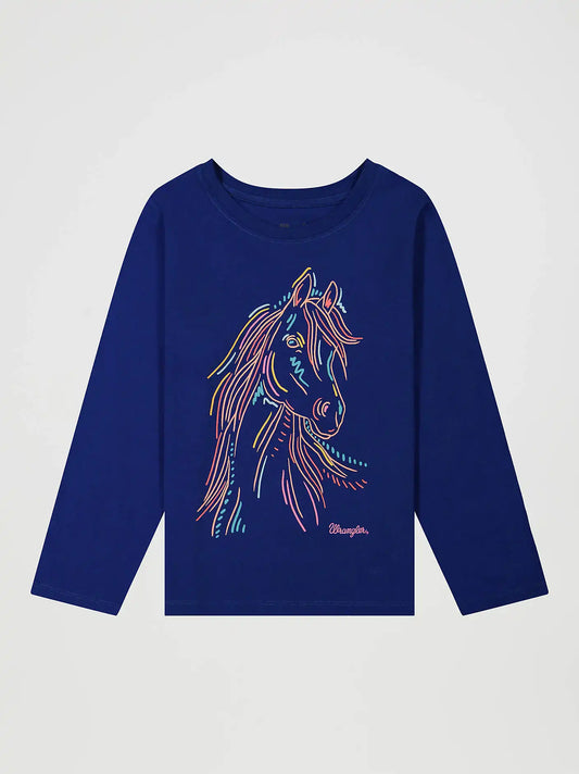 Girl's Long Sleeve Pastel Horse Graphic T-Shirt in Blue