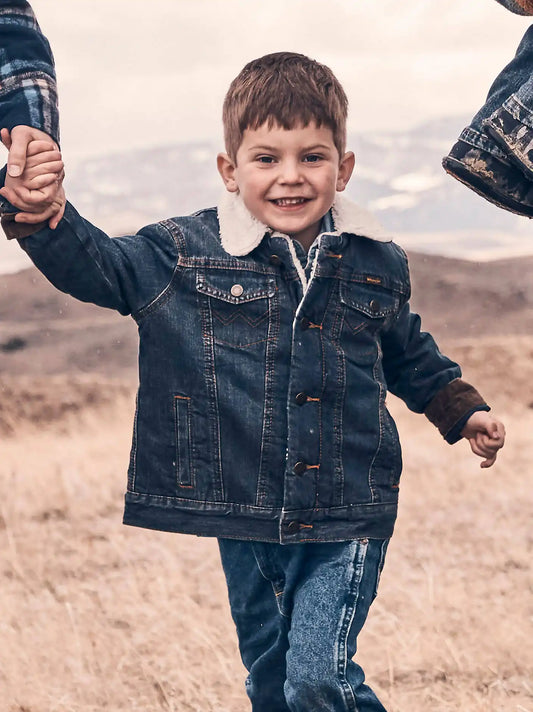 Boy’s Wrangler® Western Styled Sherpa Lined Denim Jacket Rustic in Rustic Blue