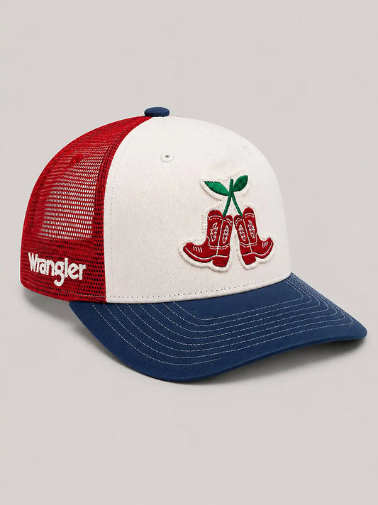 Americana Cherry Boots Mesh Trucker Hat:White/Red/Blue:One Size