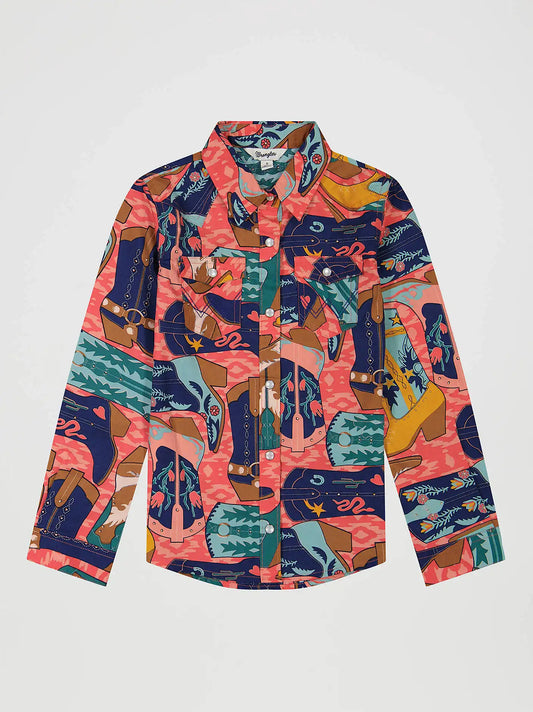 Girl's Bold Print Western Snap Shirt in Pink