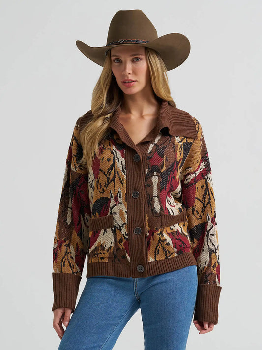 Women's Western Pattern Cardigan Sweater in Brown
