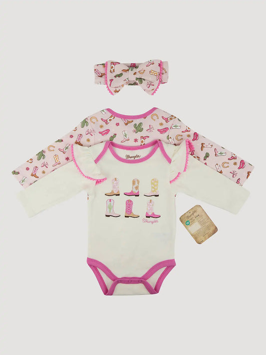Wrangler Baby Girl Bodysuits & Bow Set in Cowgirl Boots