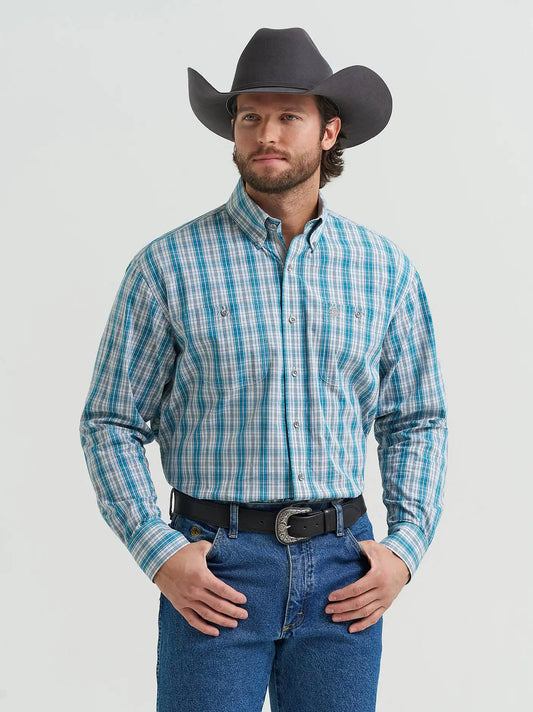 Wrangler® George Strait™ Long Sleeve Button Down Two Pocket Shirt in Verdigris Plaid