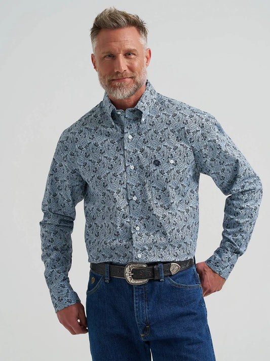 Wrangler® George Strait™ Long Sleeve Button Down One Pocket Shirt in Steely Paisley
