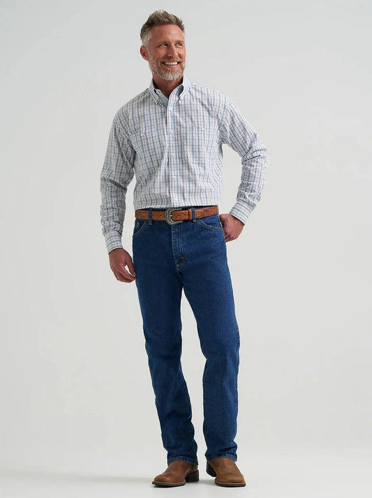 Wrangler® George Strait™ Long Sleeve Button Down Two Pocket Shirt in Steely Blue Check