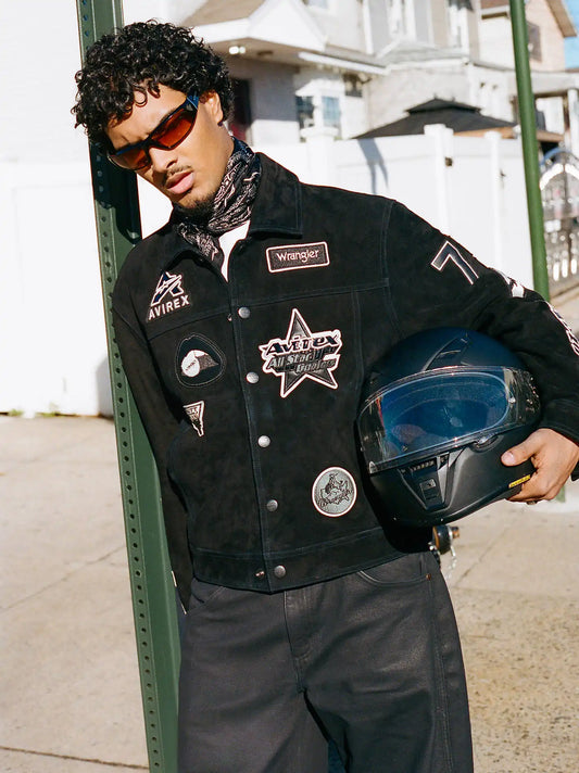 Wrangler x AVIREX Suede Trucker Jacket in Black