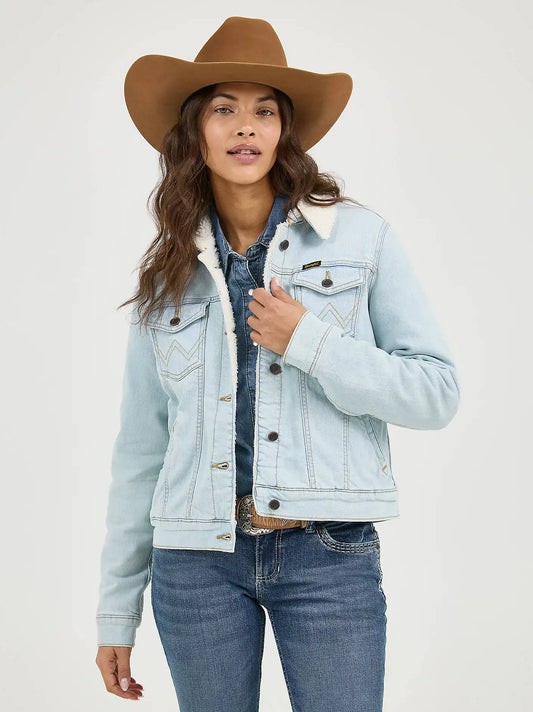 Women's Wrangler Classic Western Denim Sherpa Jacket in Bleached Denim