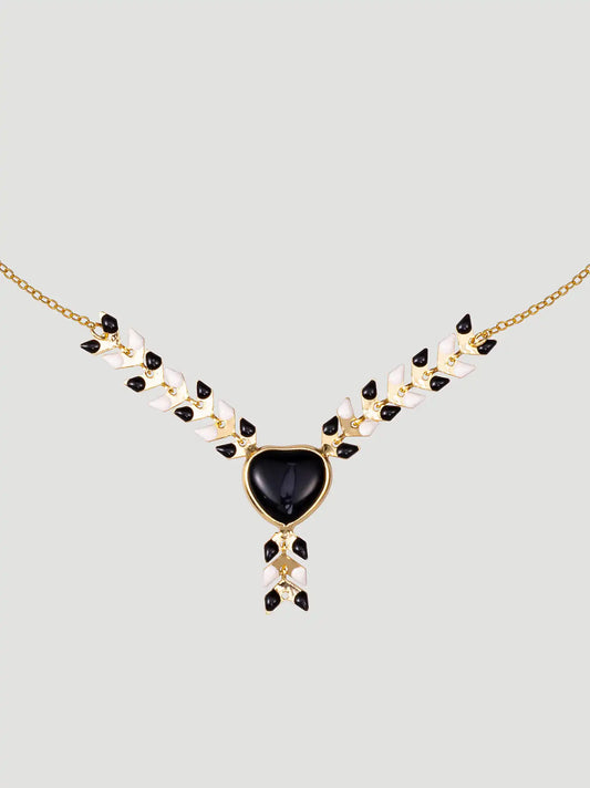 Heart Pendant Beaded Necklace Earring Set:Black:One Size