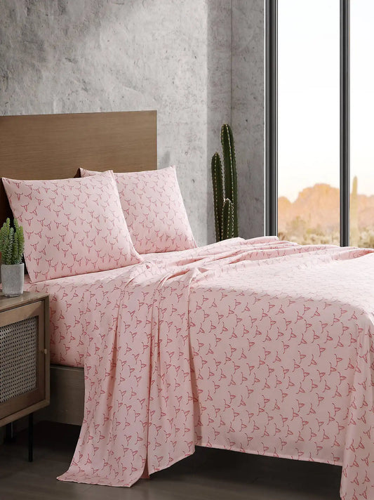 Wrangler Patterned King Sheet Set:Steer Skulls/ Pink:King