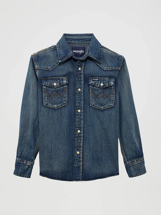 Boy’s Cowboy Cut® Long Sleeve Work Western Denim Snap Shirt in Antique Blue