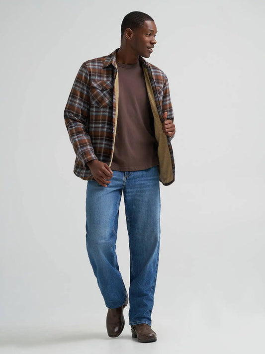 Men's Heavyweight Sherpa Lined Plaid Shirt Jacket in Soft Silt