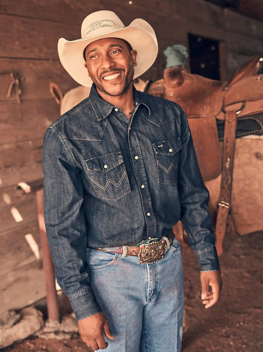 Cowboy Cut® Long Sleeve Western Denim Snap Work Shirt in Dark Denim