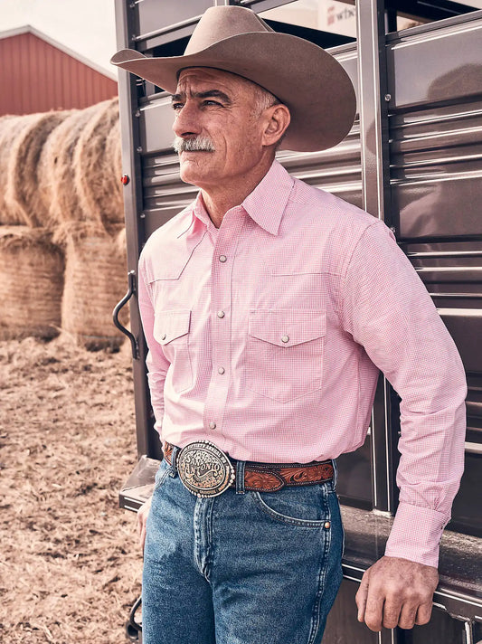 Men's Wrangler Bucking Cancer Snap Shirt in Fuschia Pink