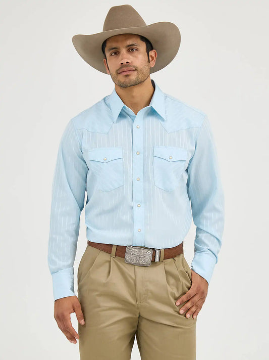 Wrangler® Western Long Sleeve Western Snap Dobby Stripe Shirt in Blue