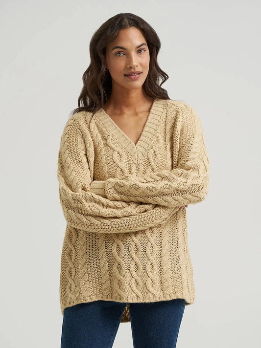 Women's Oversized V-Neck Cable Sweater in Oatmeal