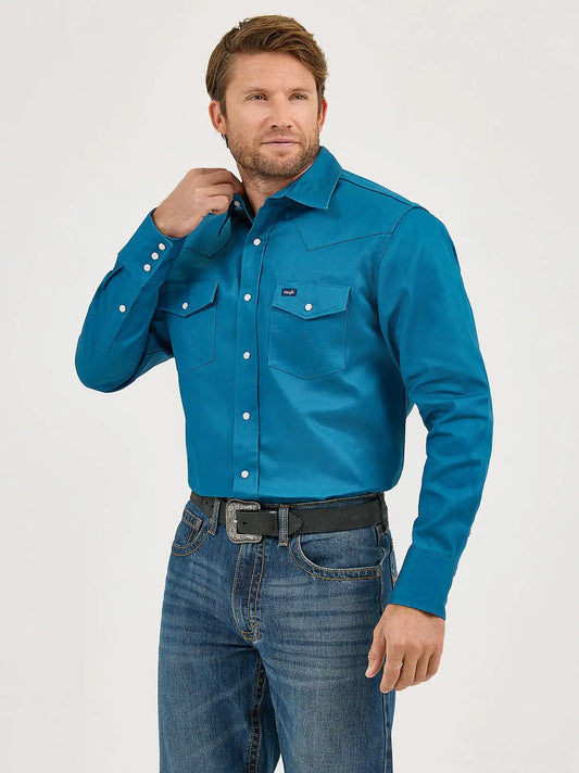 Cowboy Cut® Firm Finish Long Sleeve Western Snap Solid Work Shirt in Dark Teal