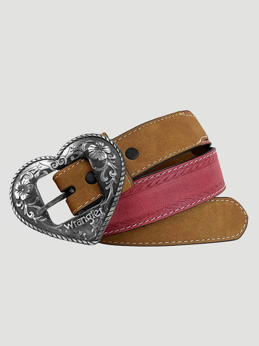 Girl's Distressed Leather Heart Buckle Belt in Brown