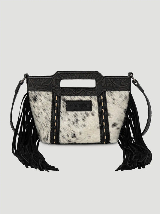 Cowhide Fringe Satchel Handbag:Black:One Size: